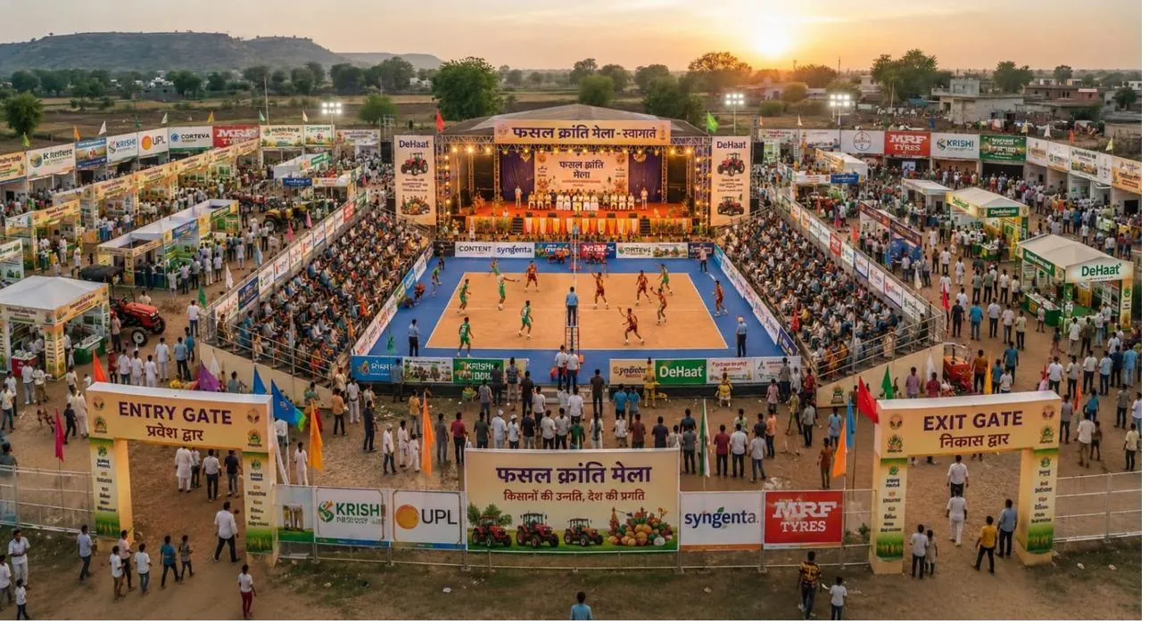 Aerial view of the Kisan Mela and volleyball court